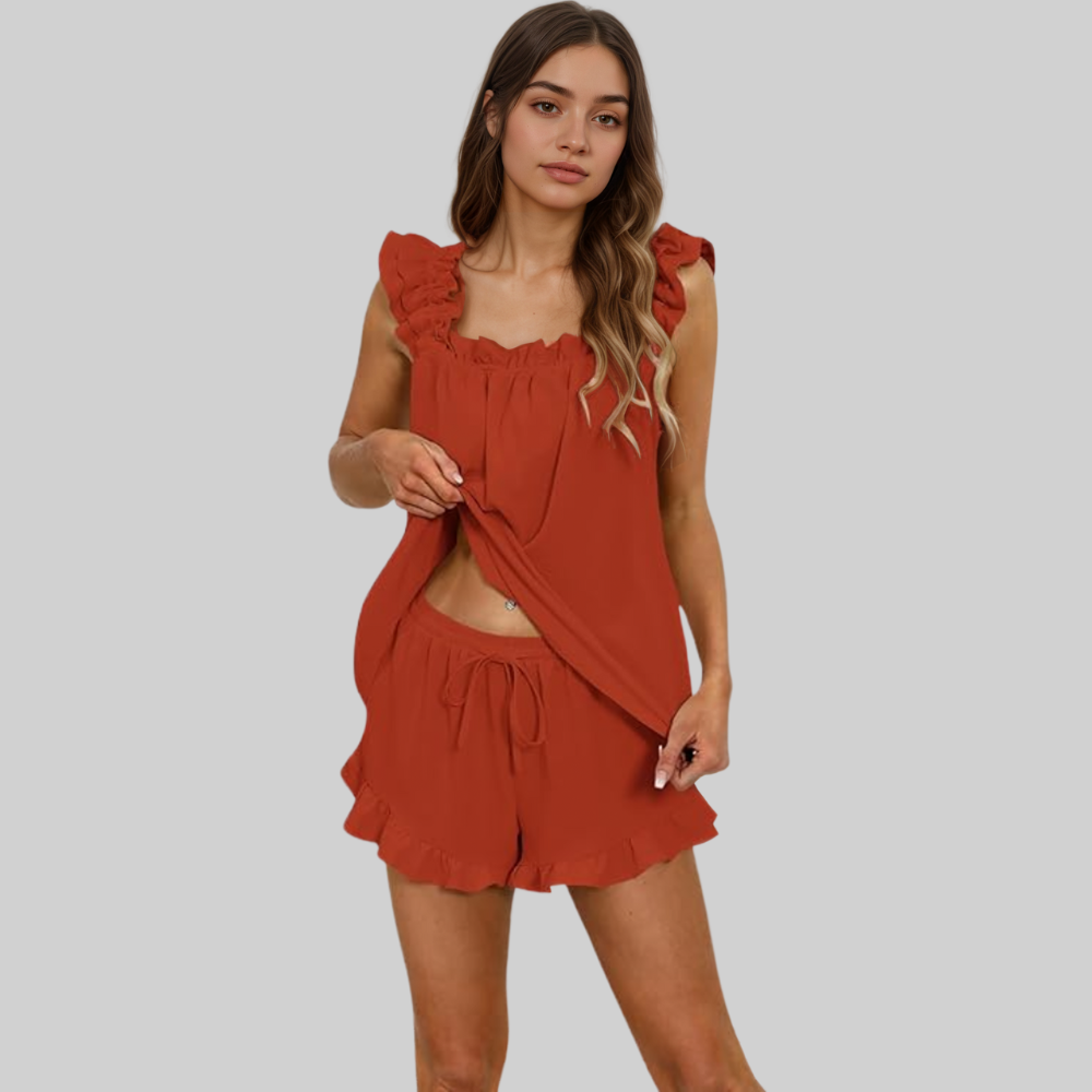 Women Ruffle Pajama Set 2 Piece Soft Tank Top And Shorts Sleepwear2 Piece Women Ruffle Pajama Set With Shorts - View 3