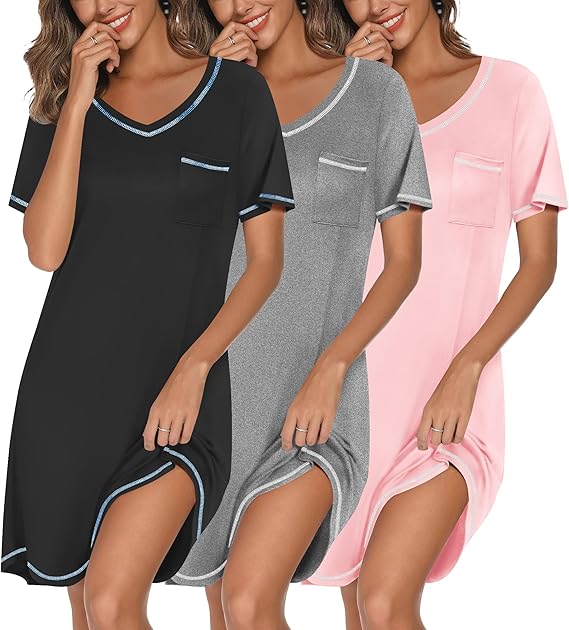 Pack Of 3 T Shirt Nightgowns With Short Sleeve And Pocket For Women