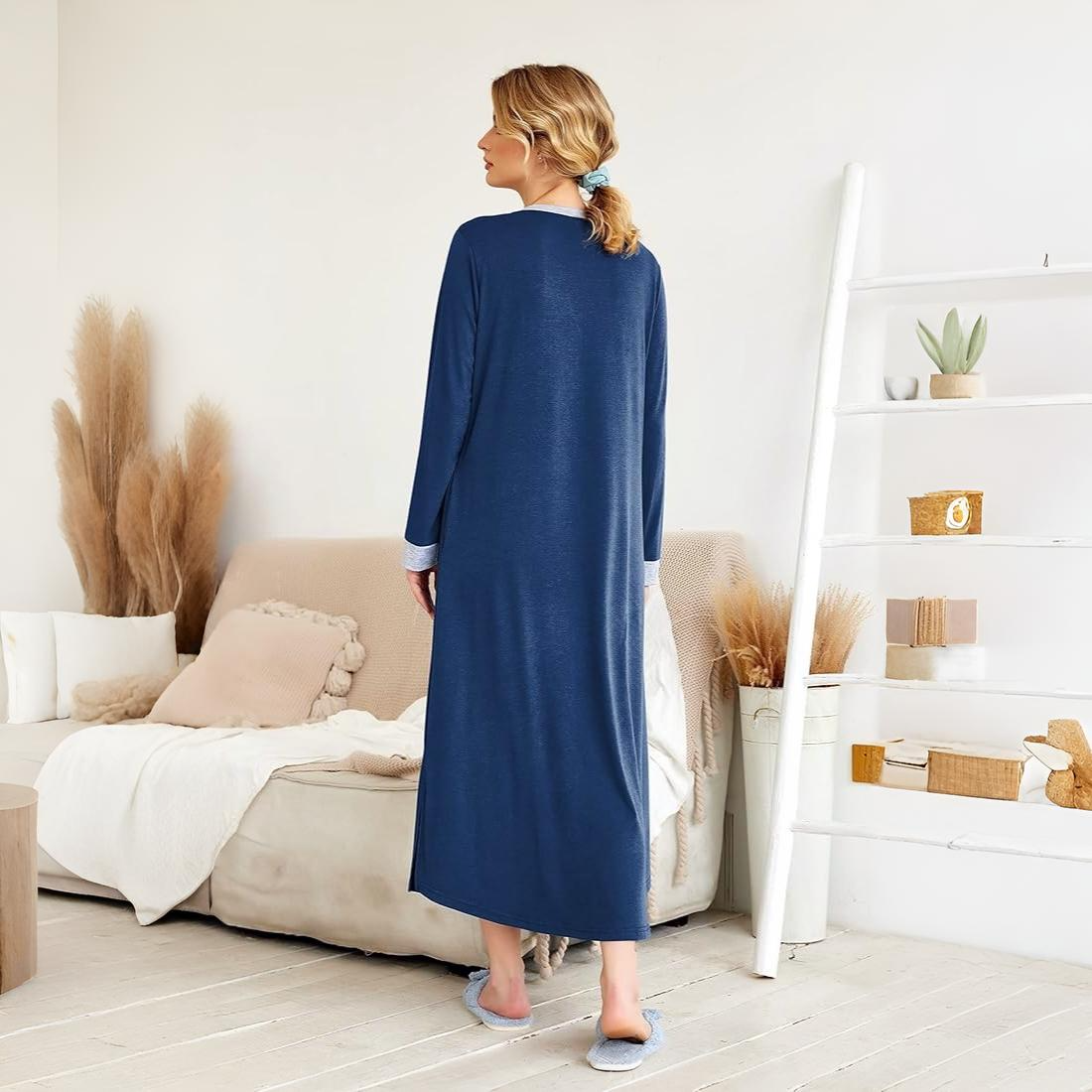 Full Length Long Sleeve Nightgown With Pockets