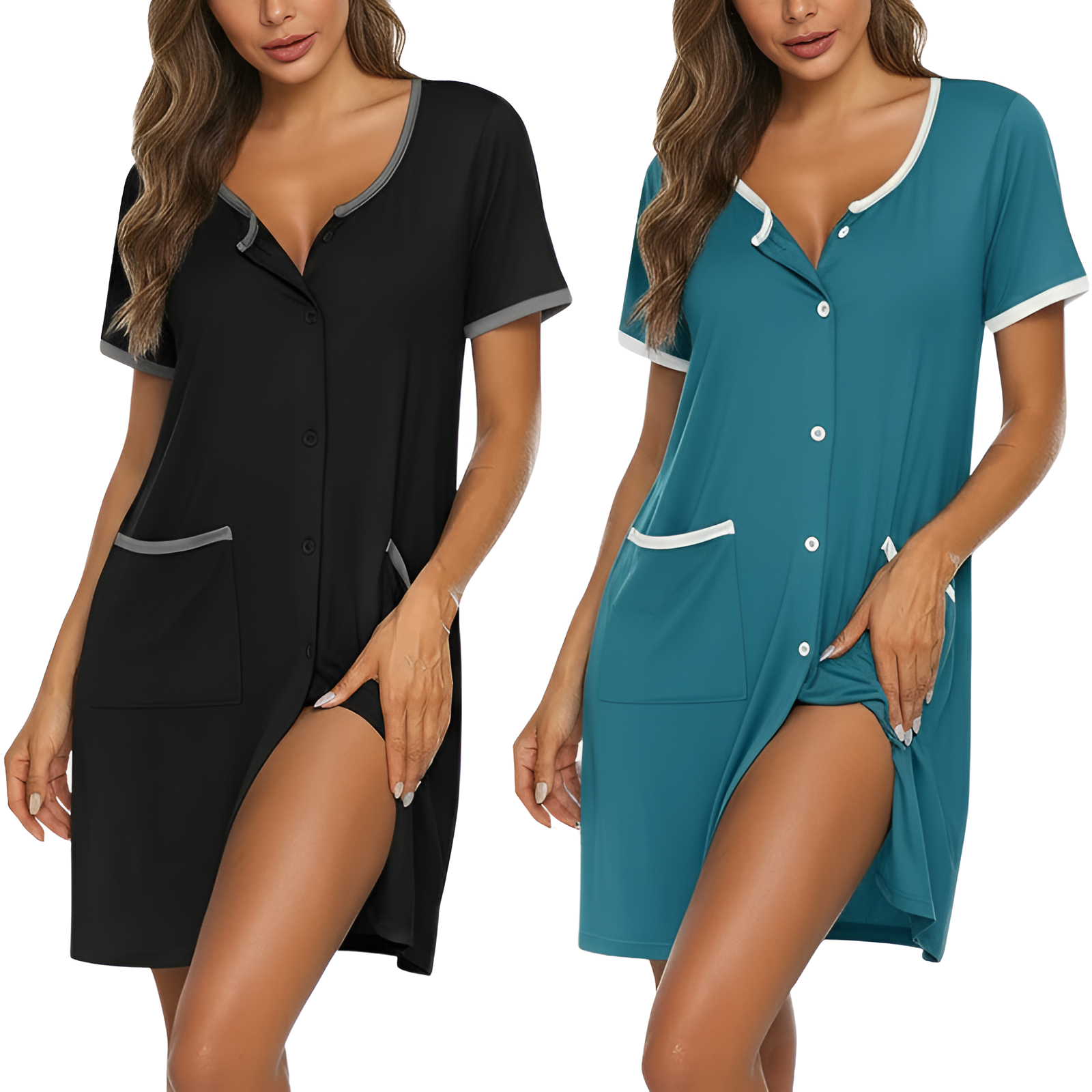 Pack Of 2 Casual Button Down Nightgown With Short Sleeve Sleepwear For Women