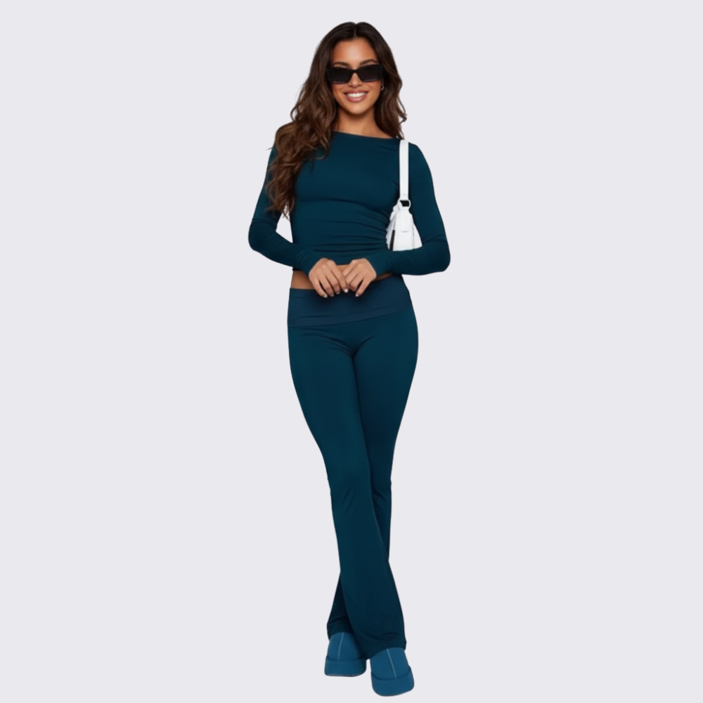 Long Sleeve Crop Top And Flare Pants Loungewear Set For Women