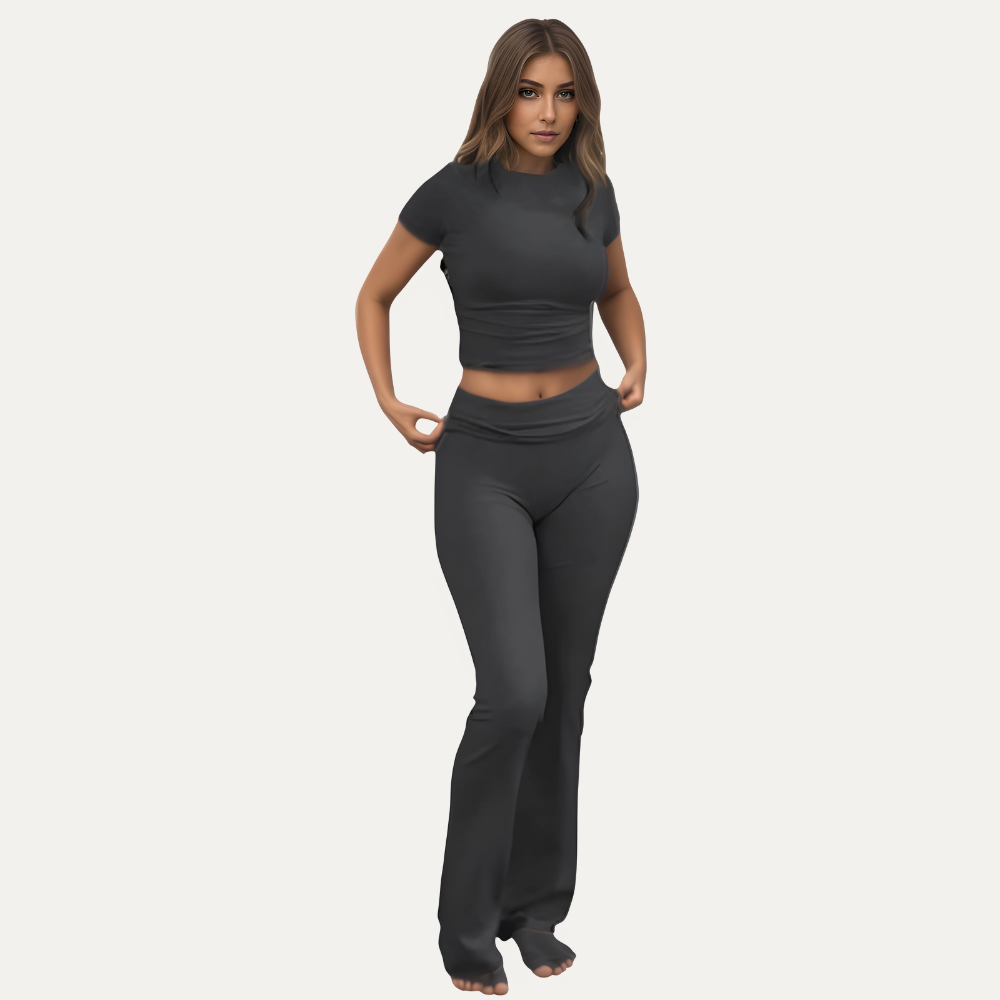 Women’s Two Piece Lounge Set with Crop Top and Flare Pants