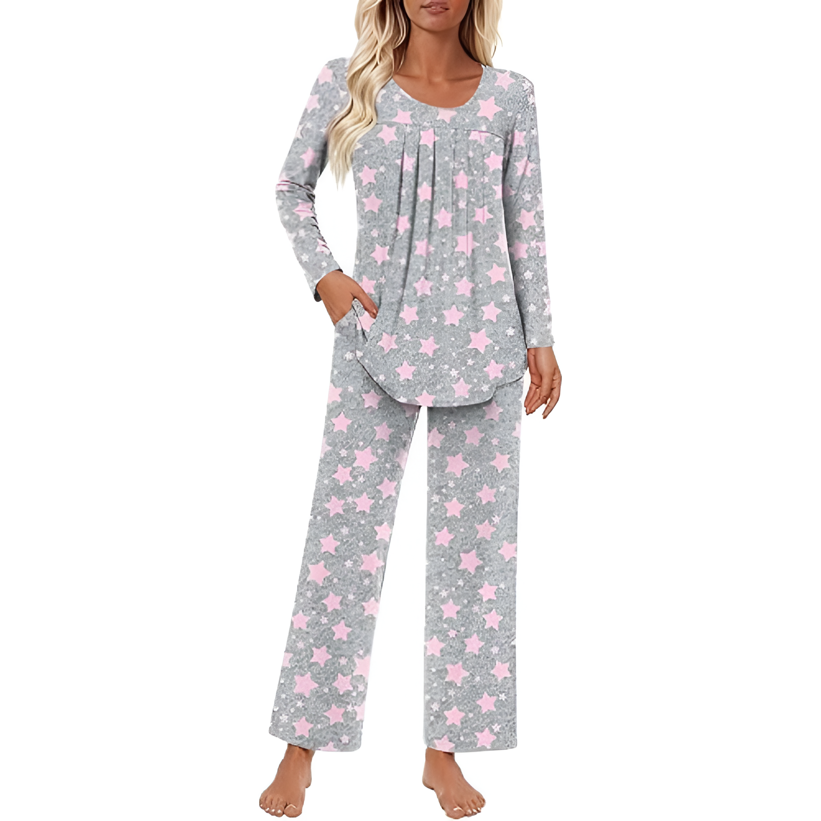 Long Sleeve Top And Loose Pants Two Piece Matching Pajama Set For Women