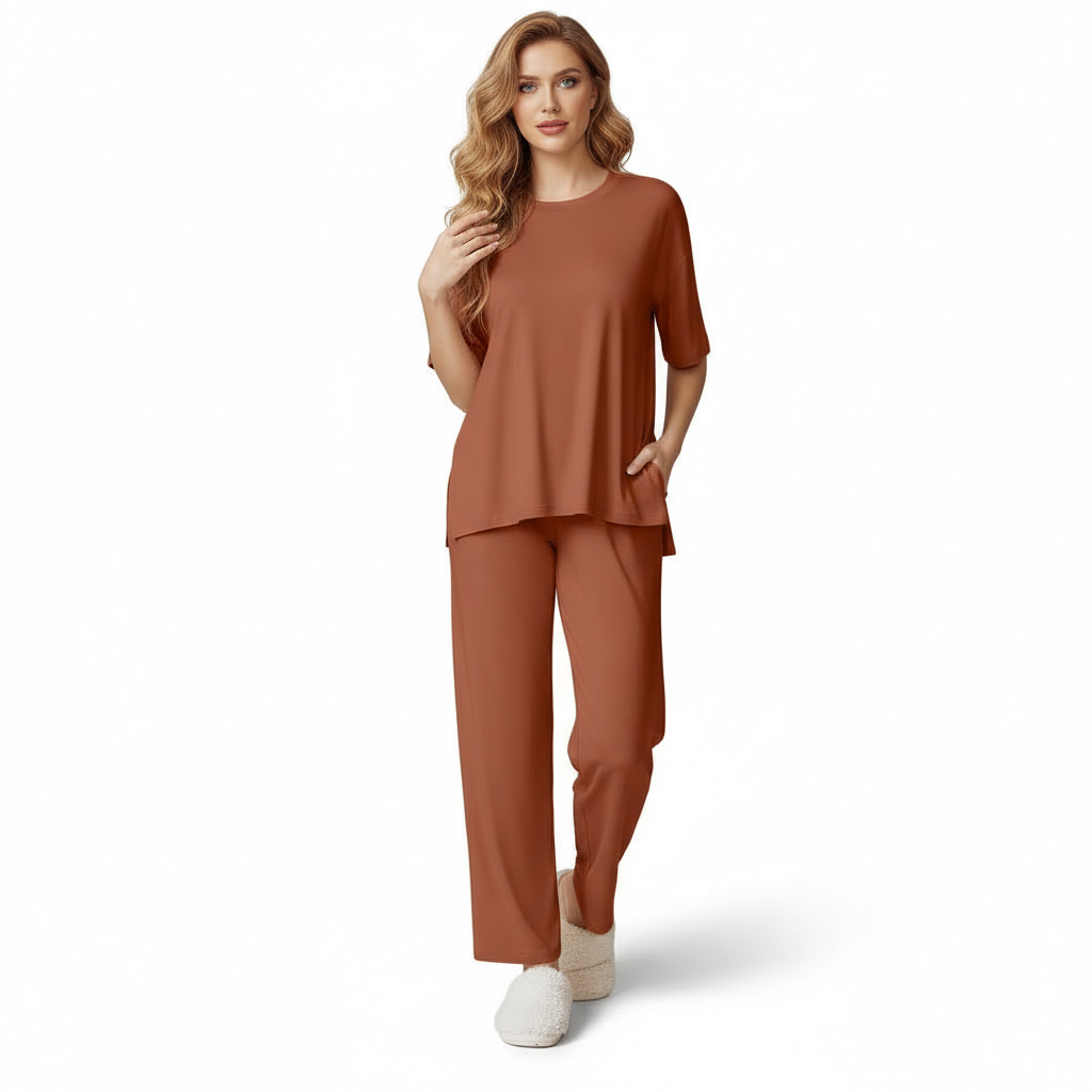Two Piece Lounge Pajama Set With Short Sleeve Top And Pants For Women