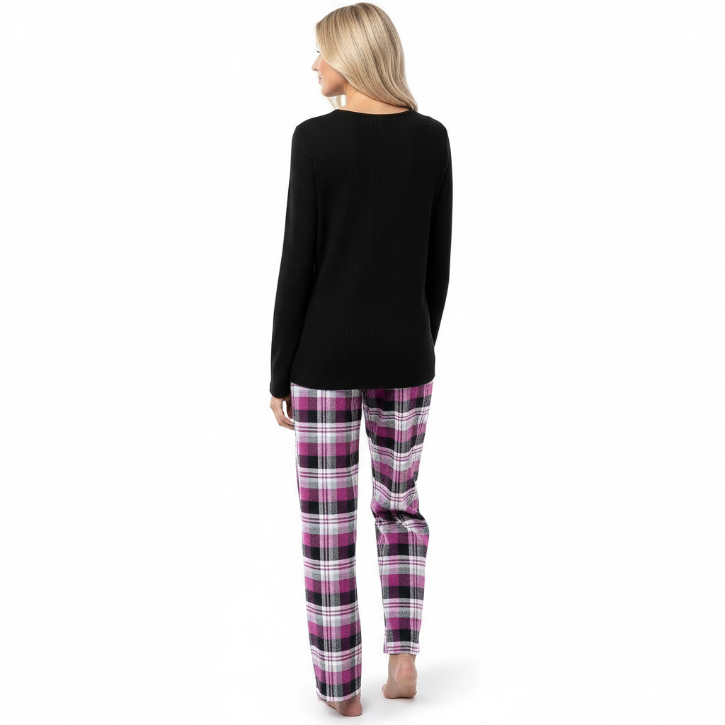 Long Sleeve Top And Plaid Pajama Set For Women