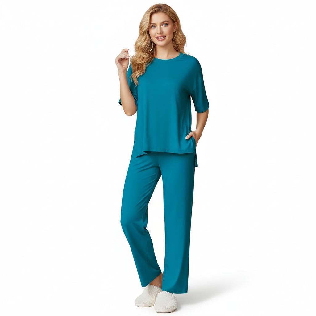 Two Piece Lounge Pajama Set With Short Sleeve Top And Pants For Women