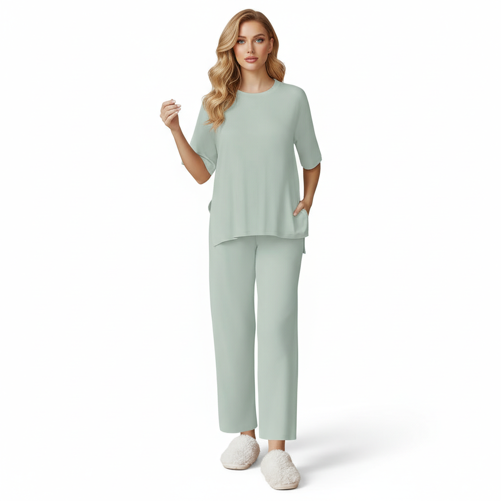 Two Piece Lounge Pajama Set With Short Sleeve Top And Pants For Women
