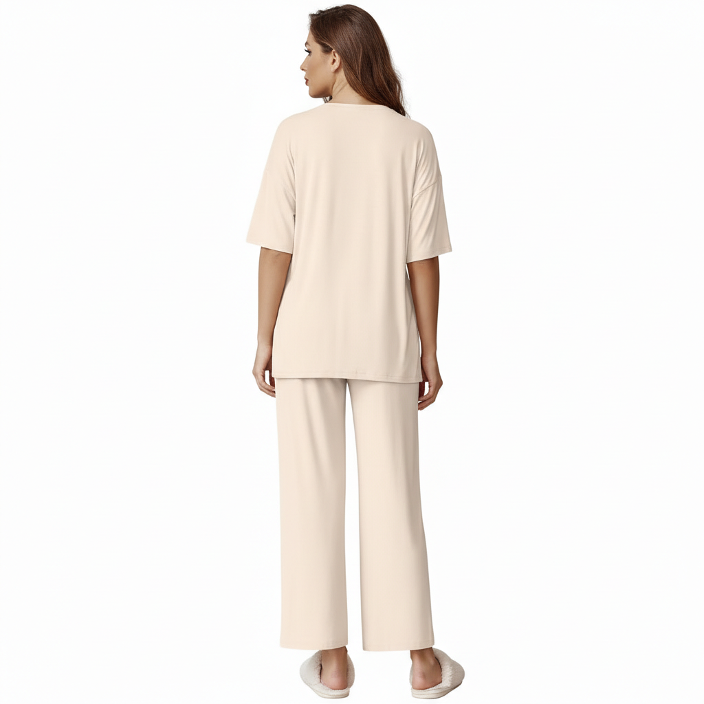 Two Piece Lounge Pajama Set With Short Sleeve Top And Pants For Women