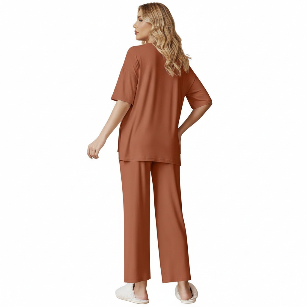 Two Piece Lounge Pajama Set With Short Sleeve Top And Pants For Women