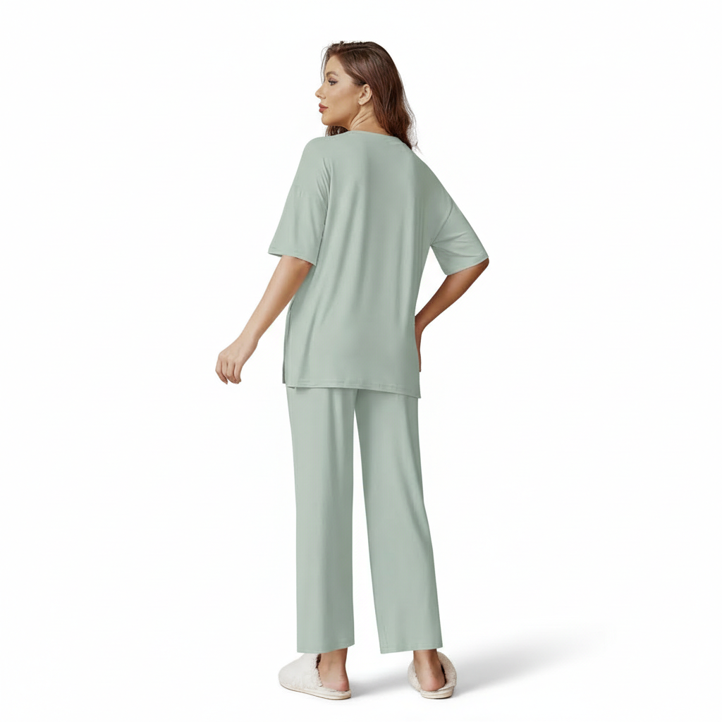 Two Piece Lounge Pajama Set With Short Sleeve Top And Pants For Women