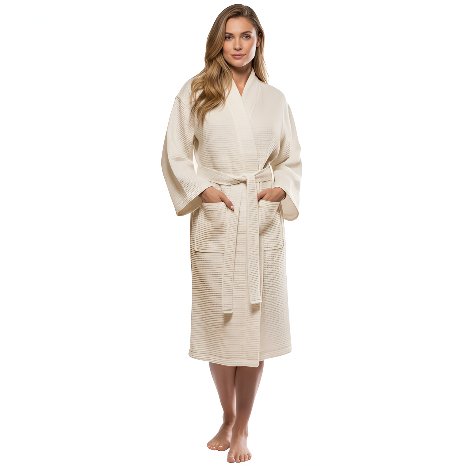 Lightweight Waffle Kimono Style Full Length Bathrobe