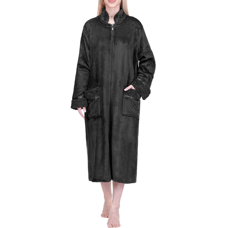Cozy Zip Up Front Bathrobe With Soft Fleece For Women