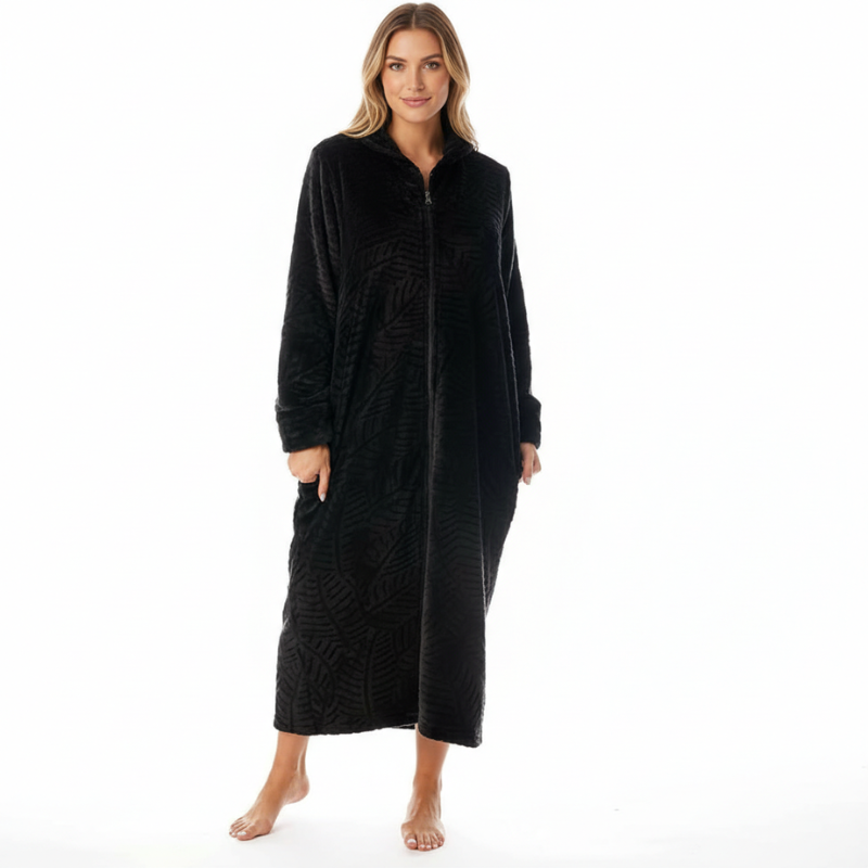Plush Front Zipper Robe For Women