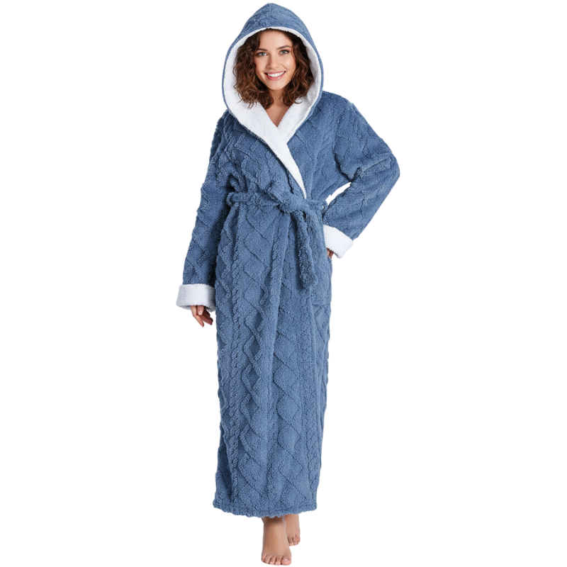 Long Hooded Fleece Bathrobe For Women