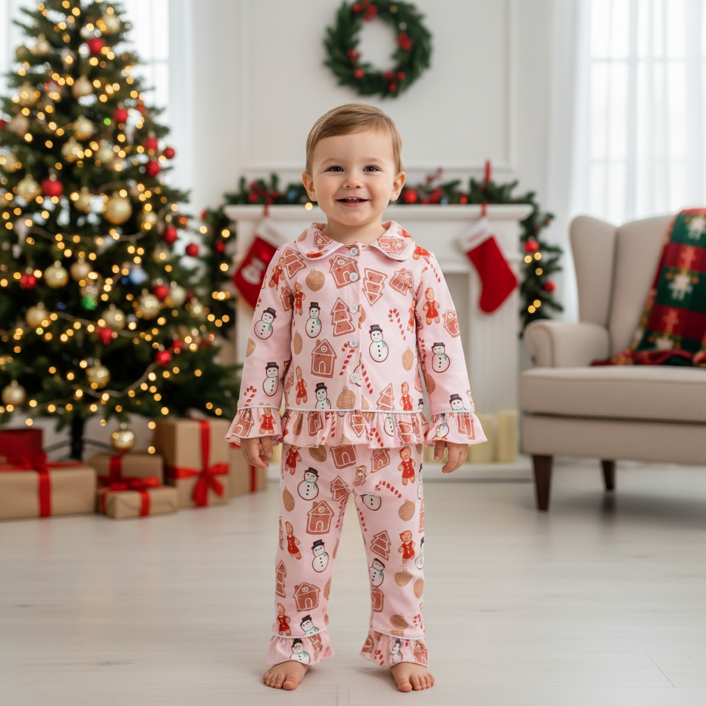 Christmas Pajama Set For Kids With Ruffle Details