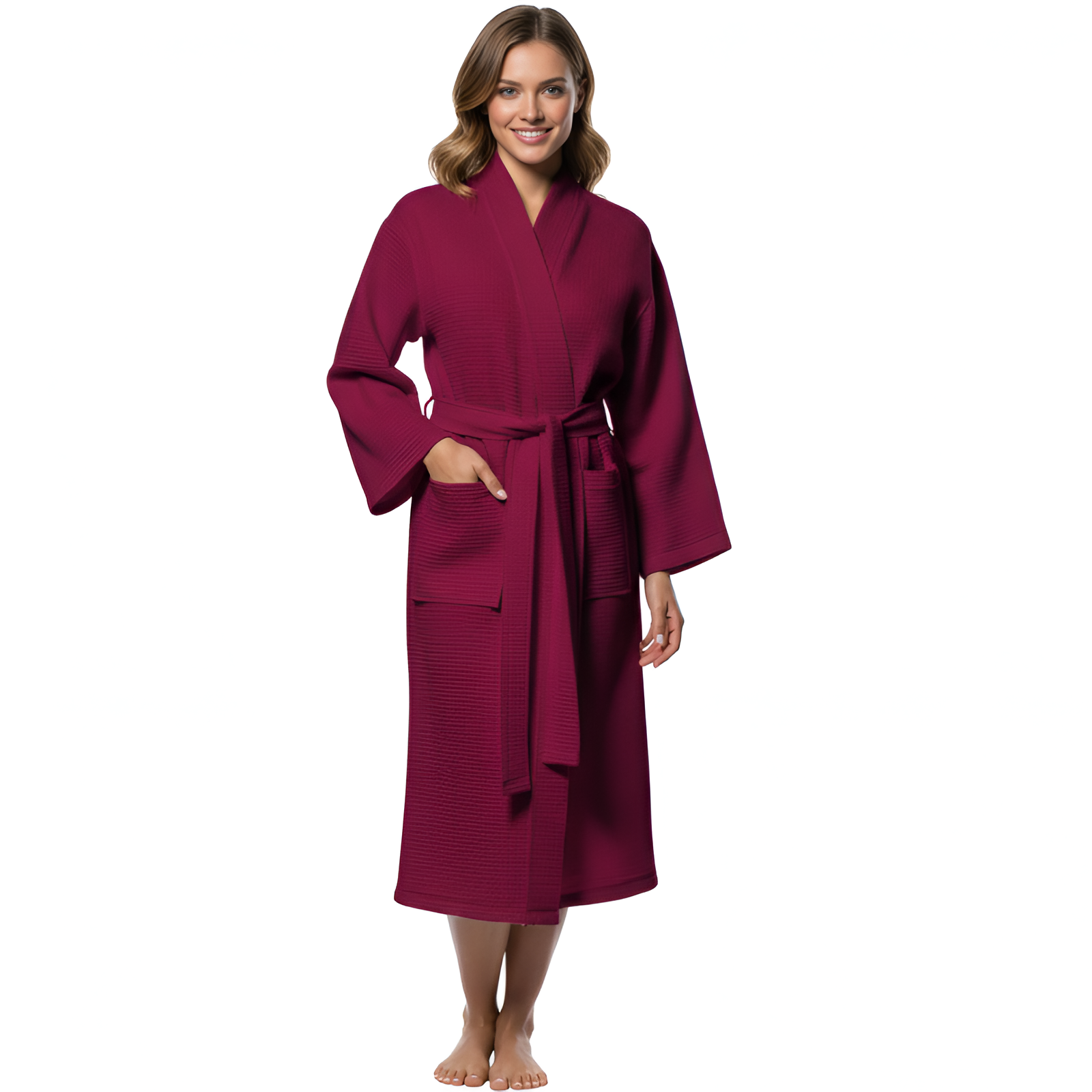 Lightweight Waffle Kimono Style Full Length Bathrobe