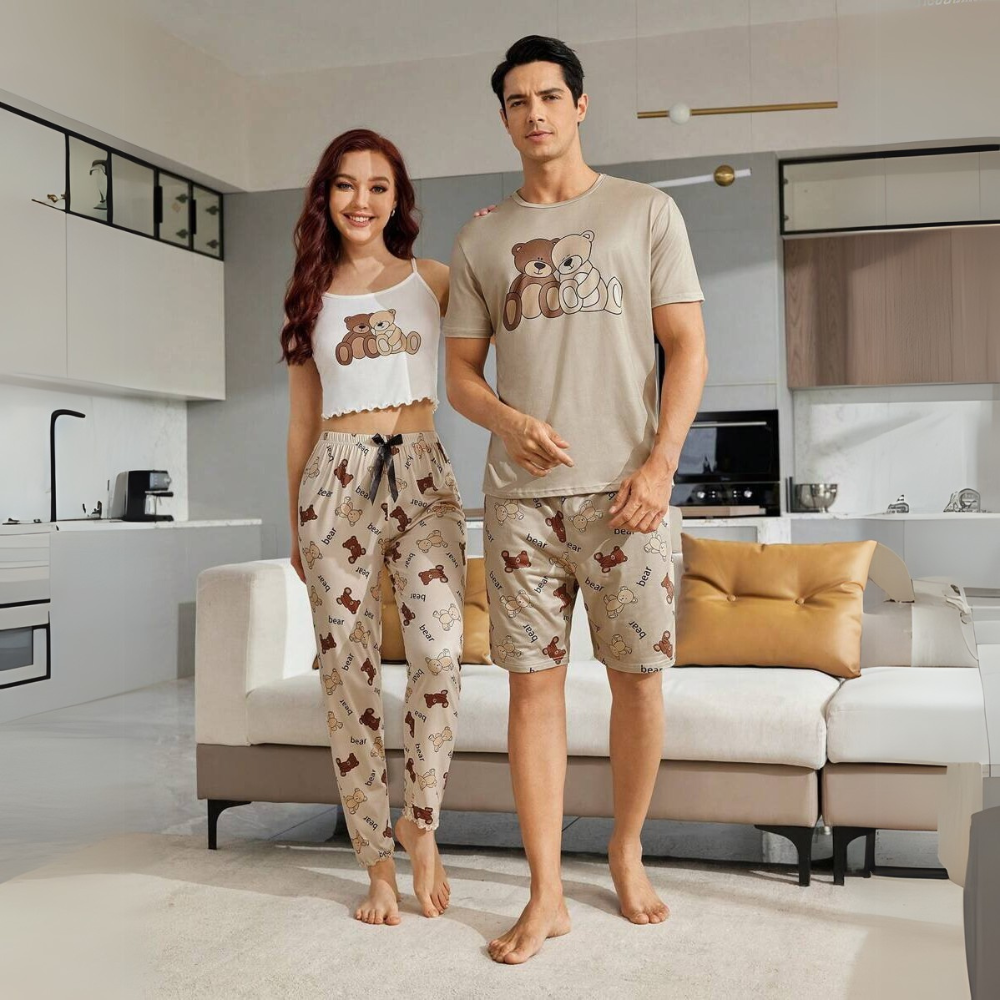 Cartoon Bear Print Couple Pajama Set