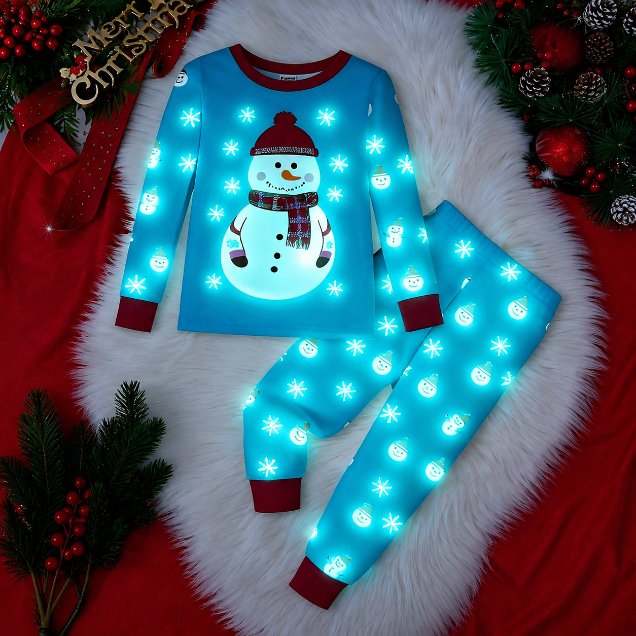 Glow In The Dark Snowman And Snowflake Christmas Pajama Set For Infant Boys