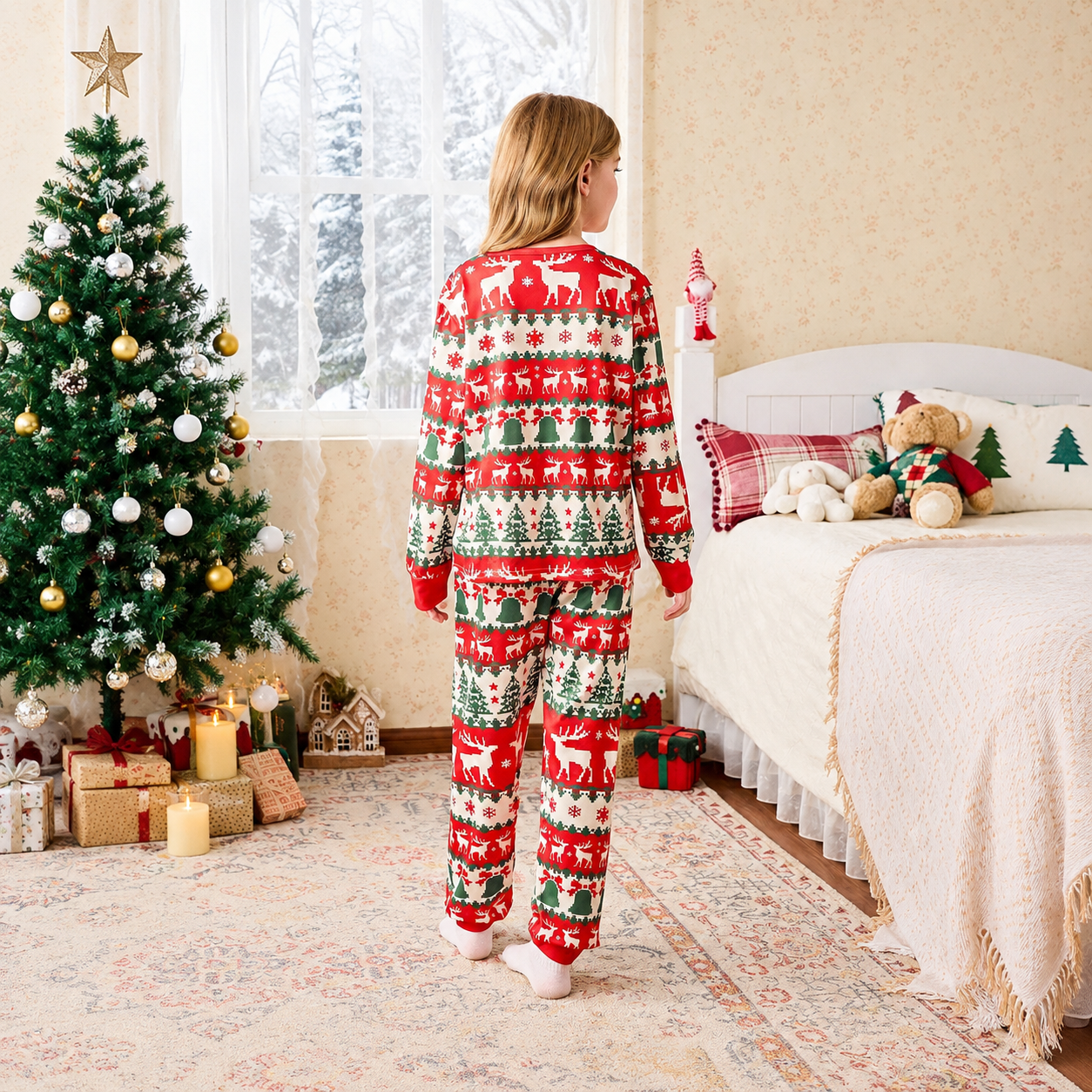 2 Piece Christmas Pajama Set With Long Sleeve Top And Pants For Girls