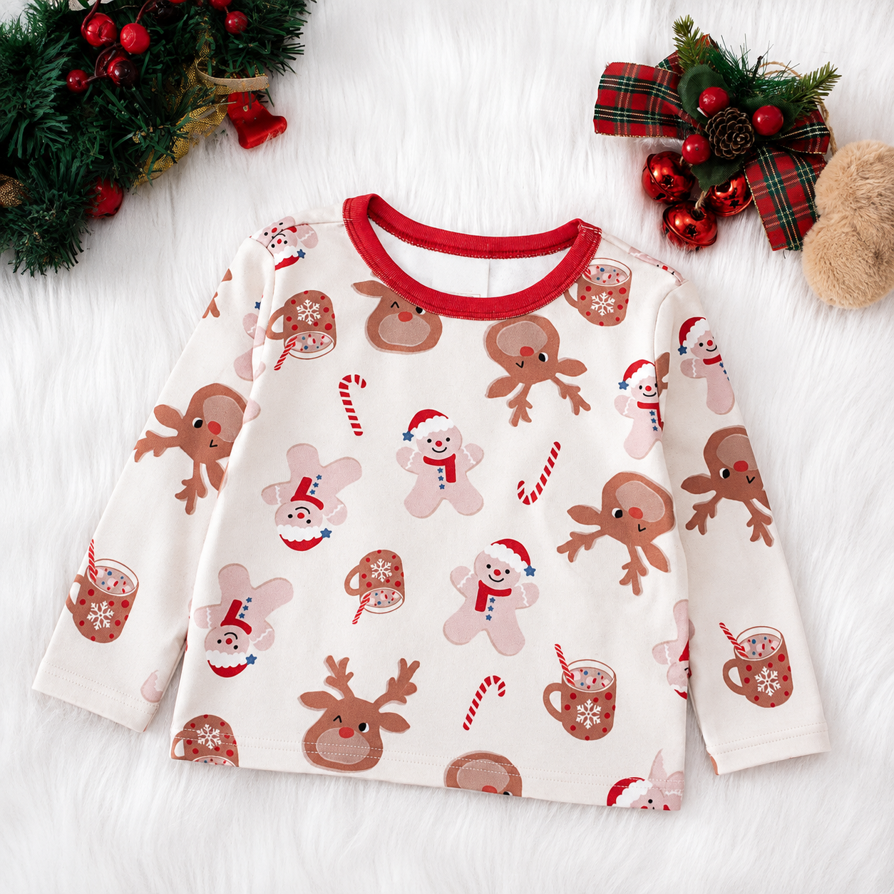 Reindeer And Gingerbread Print 2 Piece Christmas Pajama Set For Boys