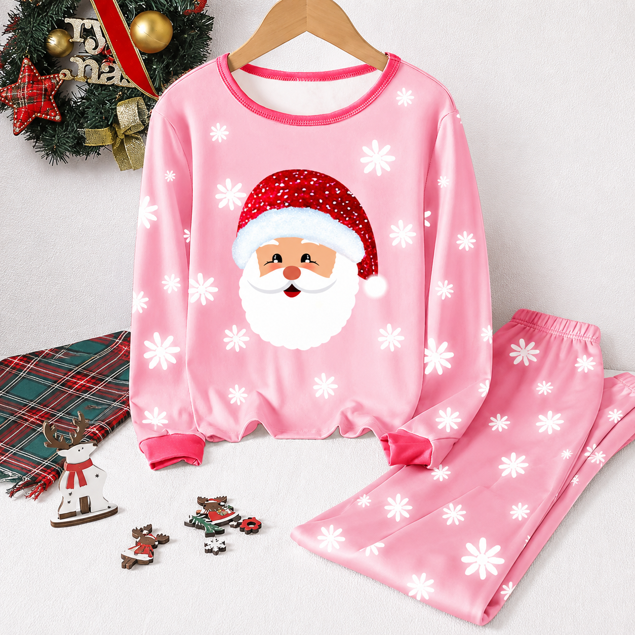 Santa And Snowflake Print 2 Piece Christmas Pajama Set For Tween Girls