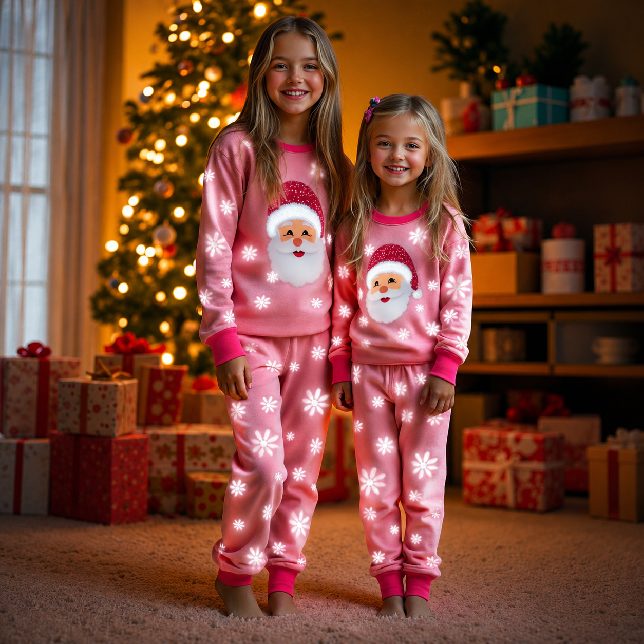 Santa And Snowflake Print 2 Piece Christmas Pajama Set For Tween Girls
