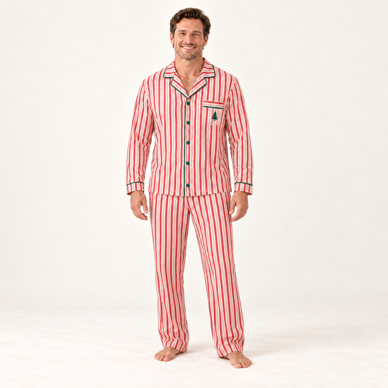 Christmas Family Matching Pajama Set with Red Candy Cane Stripe Print and Green Trim for Women, Men, Kids, Baby and Dog