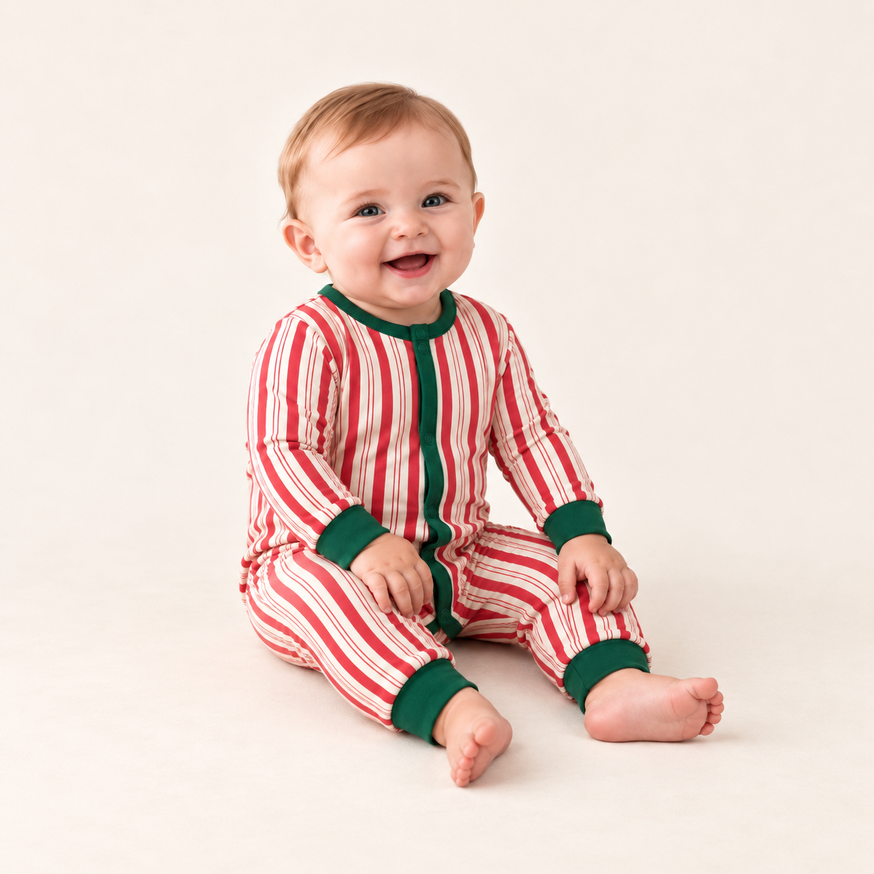 Christmas Family Matching Pajama Set with Red Candy Cane Stripe Print and Green Trim for Women, Men, Kids, Baby and Dog