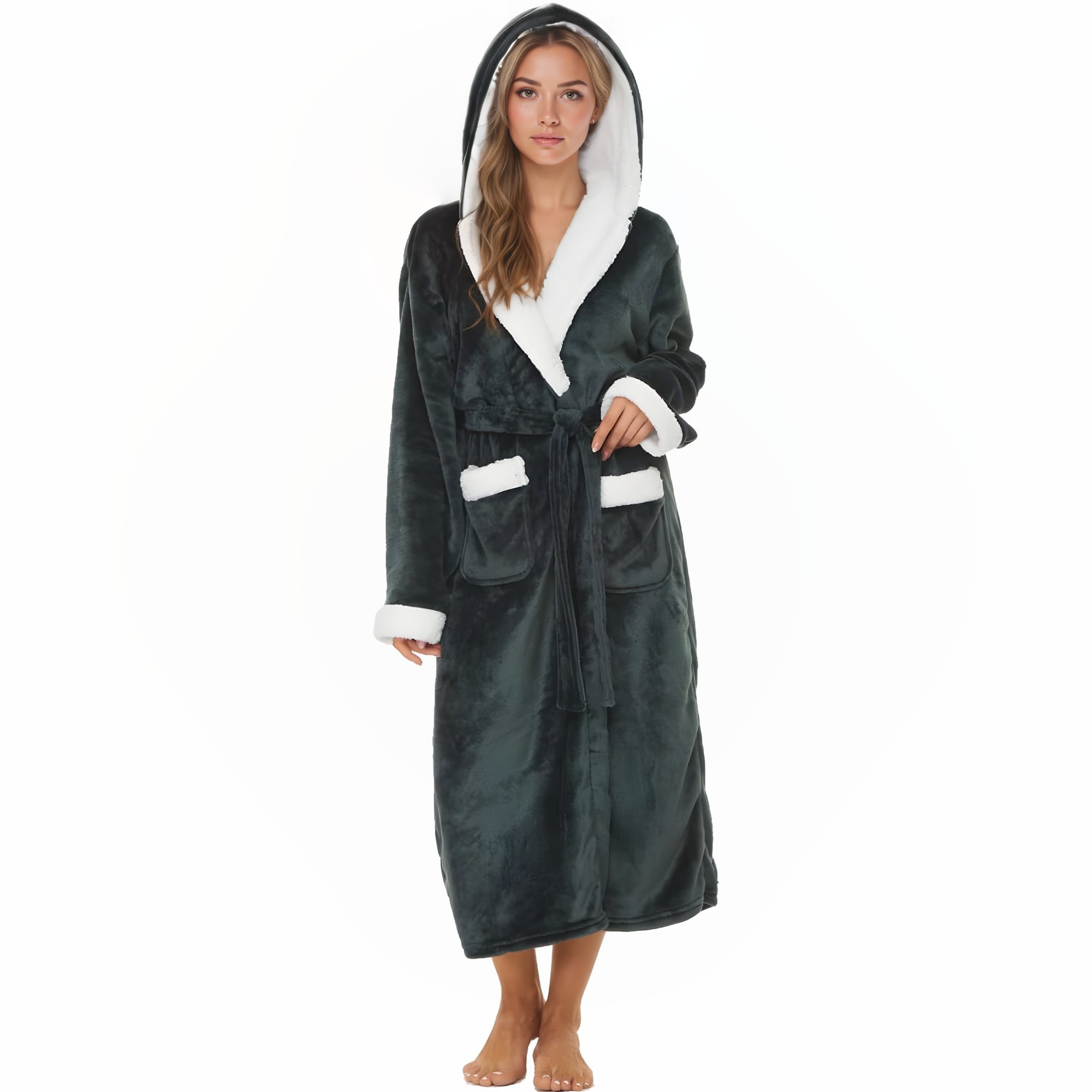 Soft Fleece Hooded Long Bathrobe For Women Home Lounge
