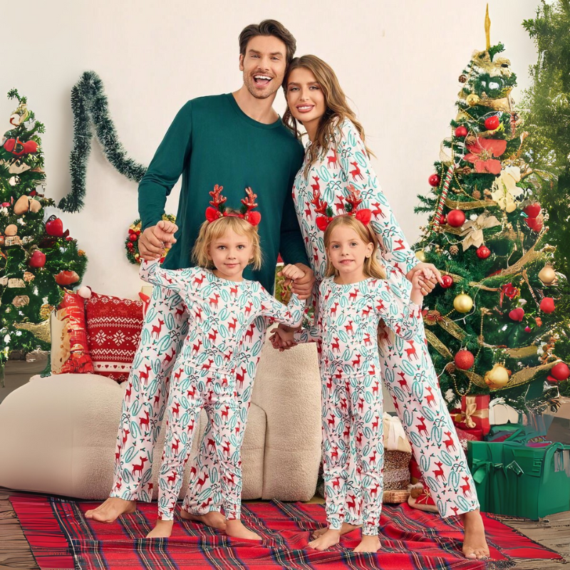 Family Matching Christmas Pajama Set With Reindeer Print