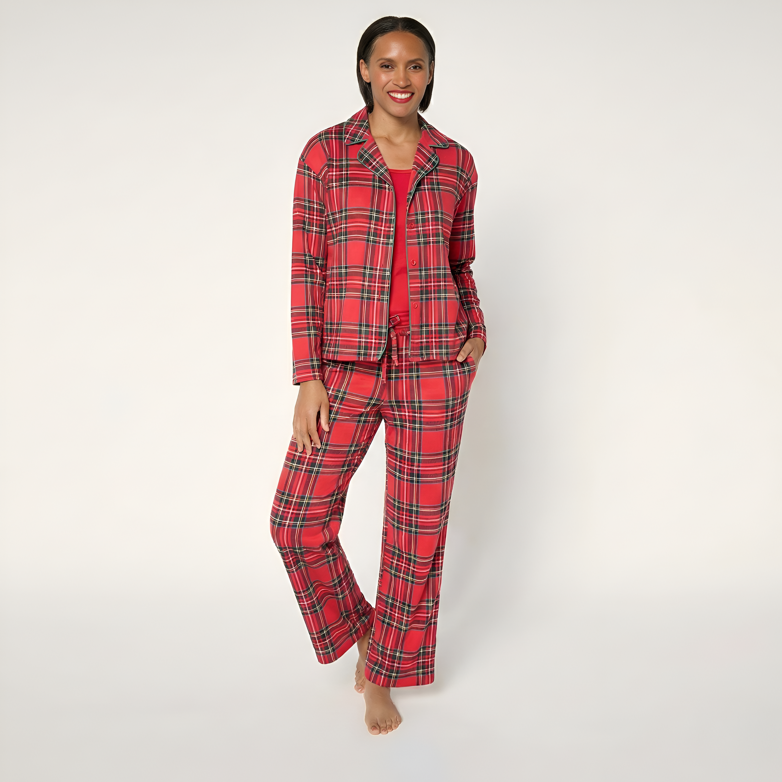 Petite Notch Collar Pajama Set With Matching Pants For Women