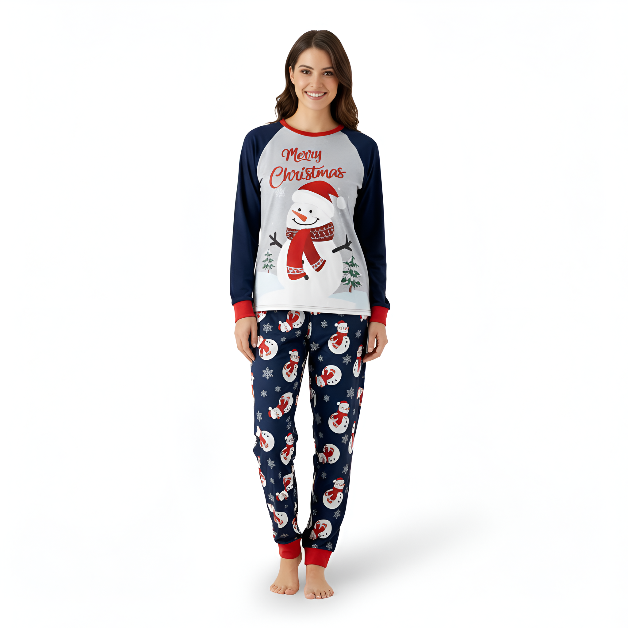 Snowman Printed Christmas Crew Neck Pajama Set