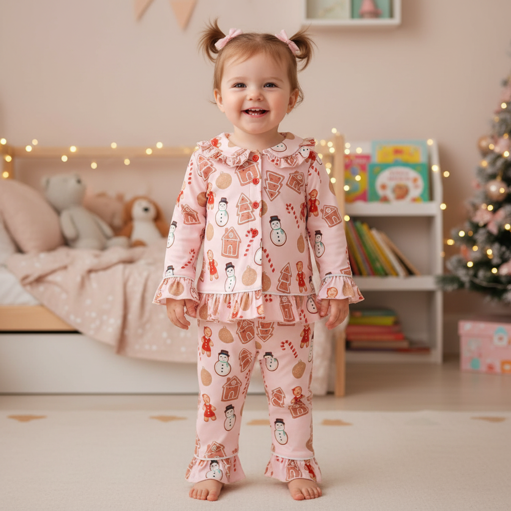 Christmas Pajama Set For Kids With Ruffle Details