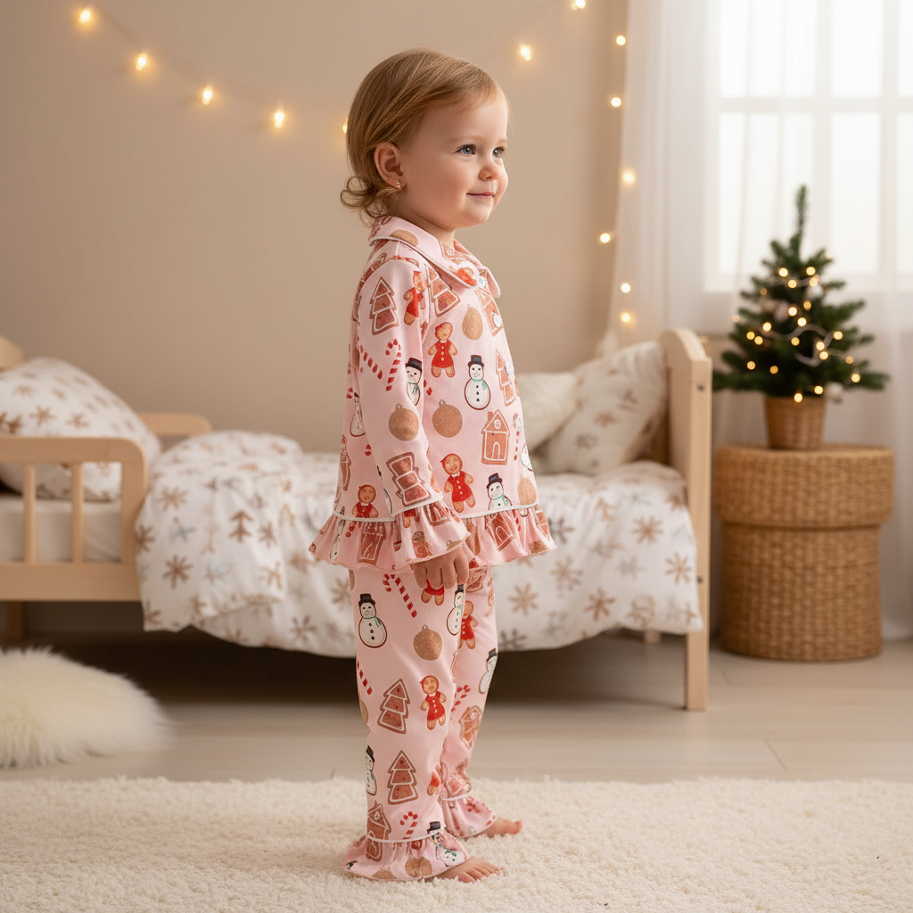 Christmas Pajama Set For Kids With Ruffle Details