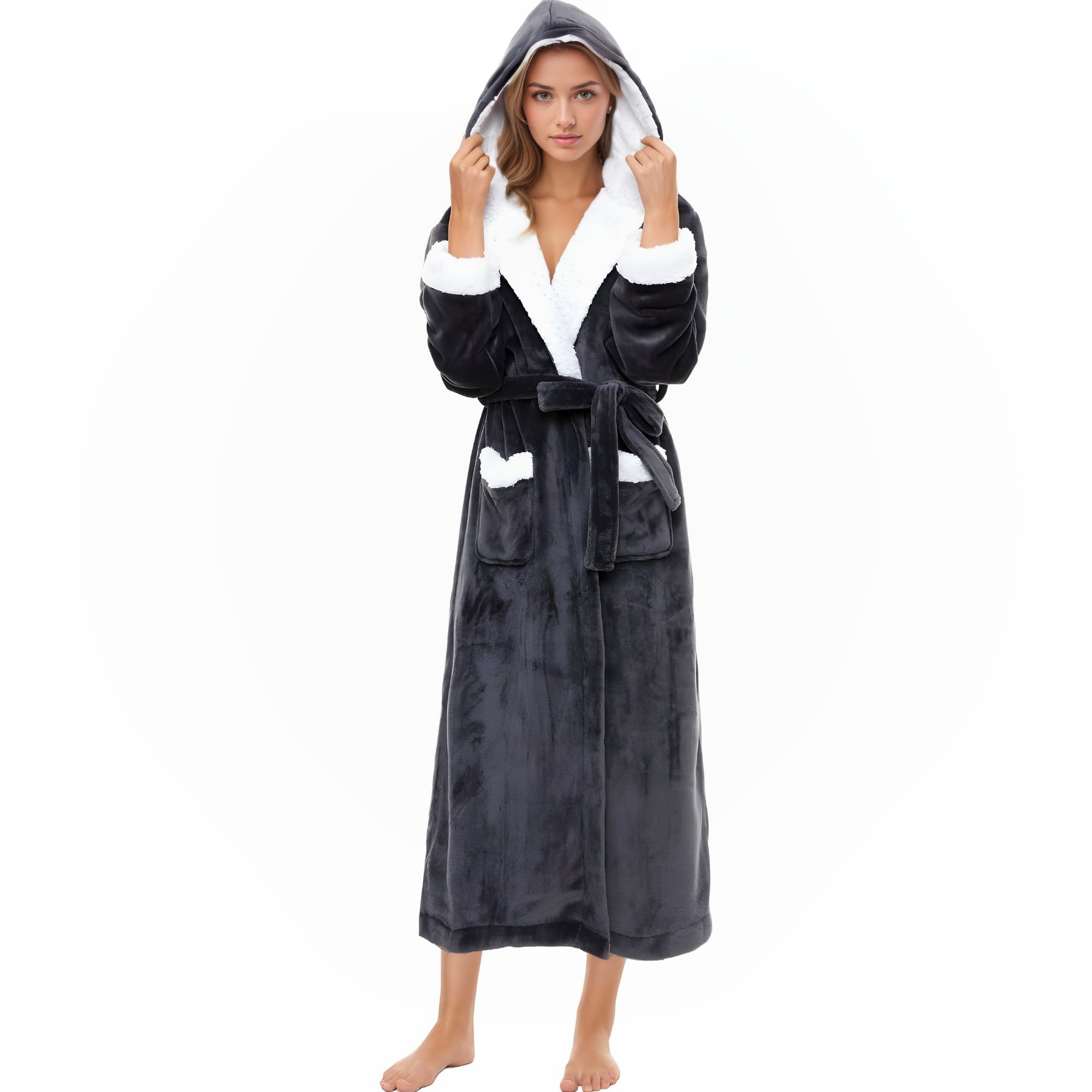 Soft Fleece Hooded Long Bathrobe For Women Home Lounge