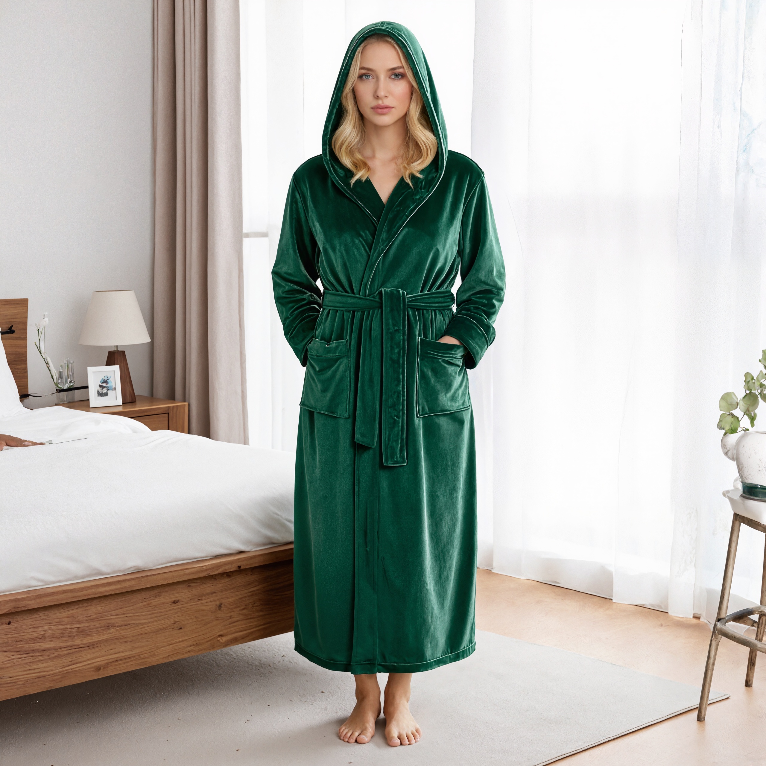 Hooded Plush Fleece Long Bath Robe With Belt And Pockets For Women