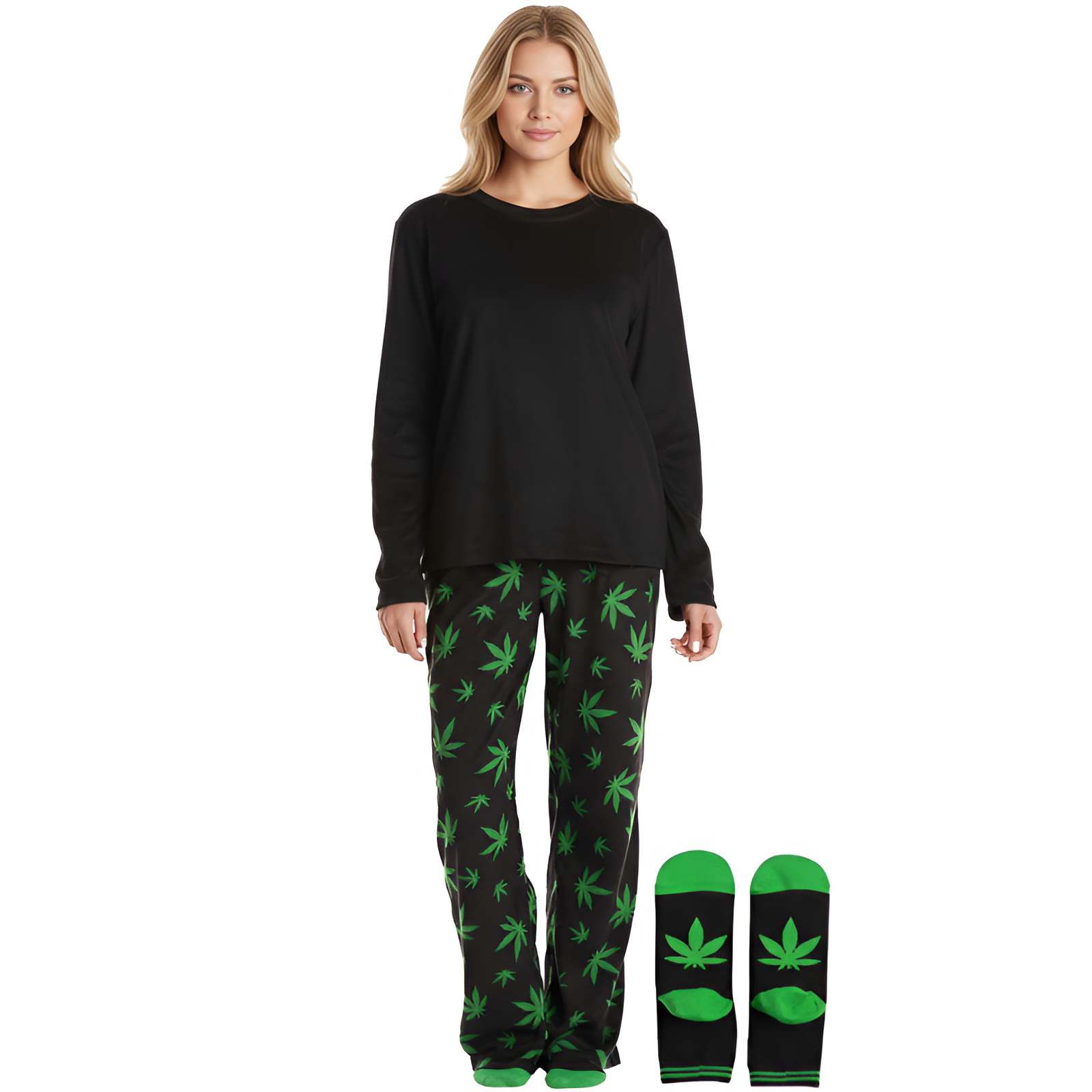 Long Sleeve Pajama Set With Pants And Matching Socks For Women