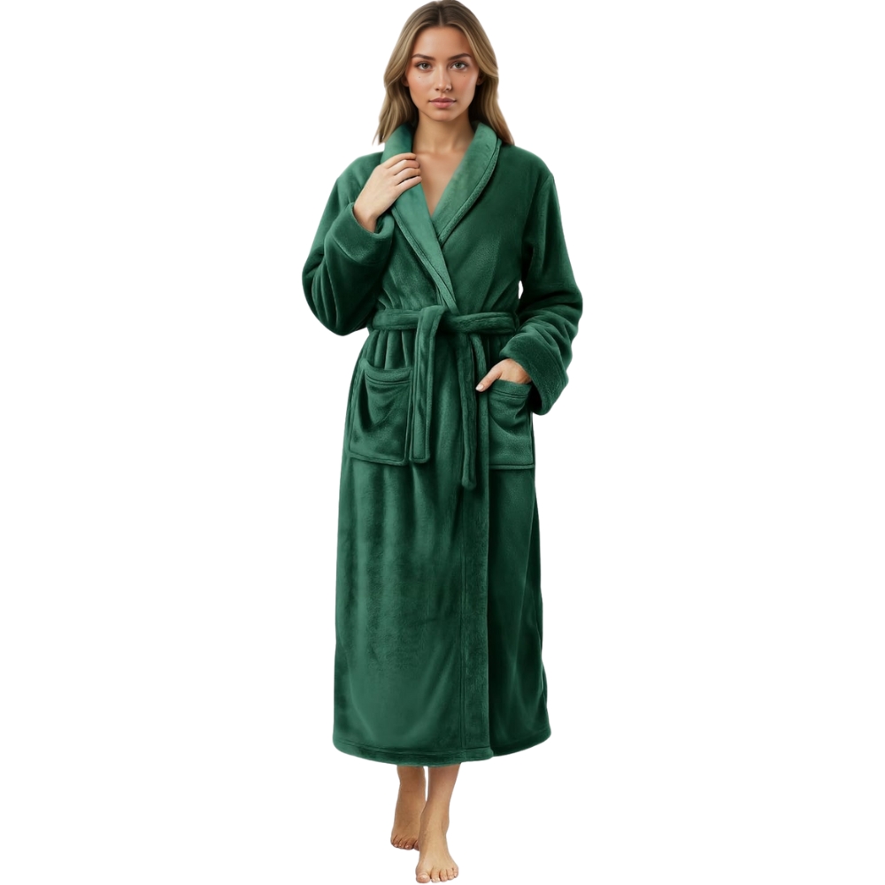 Plush Fleece Long Bath Robe With Shawl Collar And Belt For Women