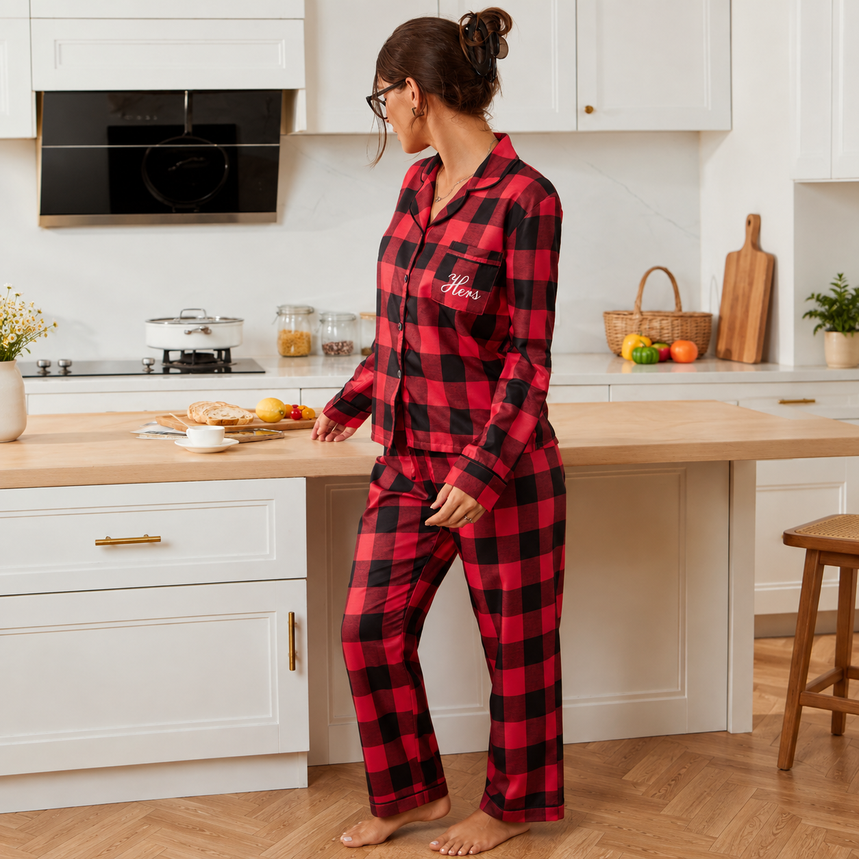 Christmas Buffalo Plaid Button Down Long Sleeve Pajama Set For Women
