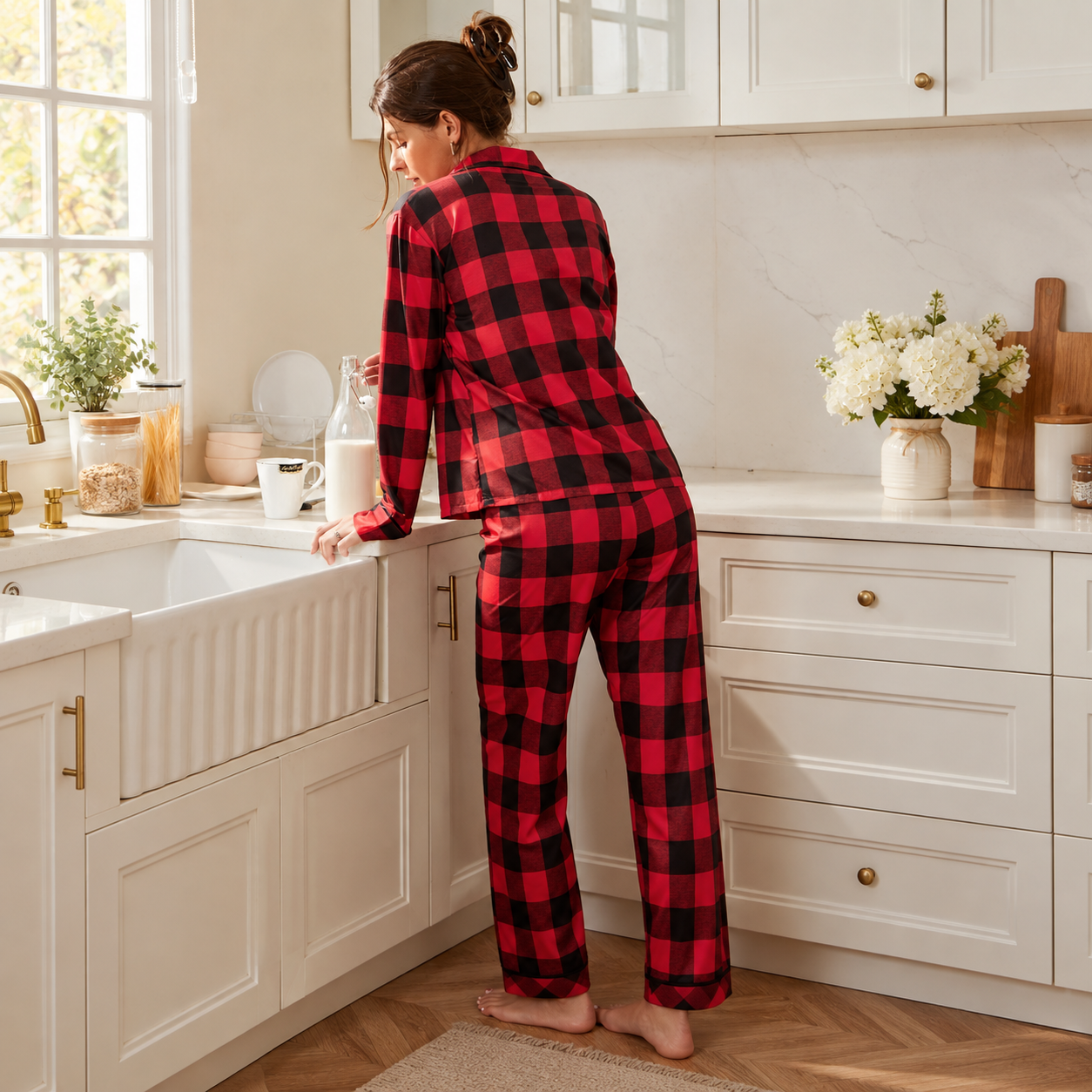 Christmas Buffalo Plaid Button Down Long Sleeve Pajama Set For Women