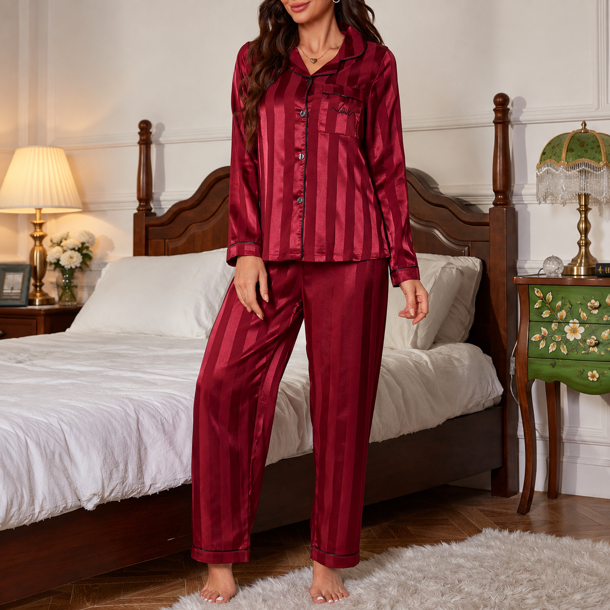 Button Front Long Sleeve Two Piece Pajama Set For Women