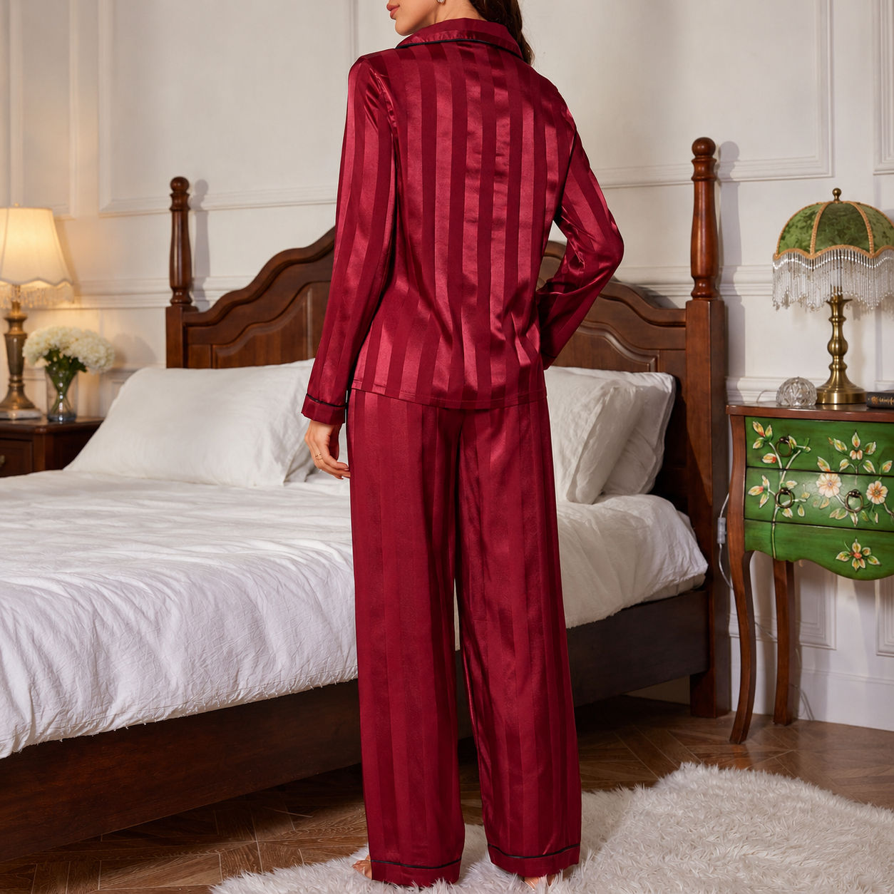 Button Front Long Sleeve Two Piece Pajama Set For Women