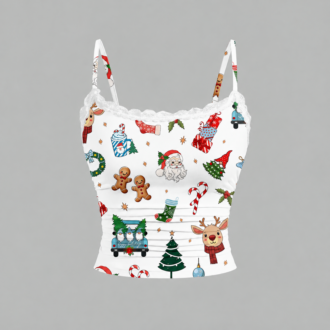 Christmas Reindeer Print Lace Trim Camisole And Shorts Two Piece Set For Women