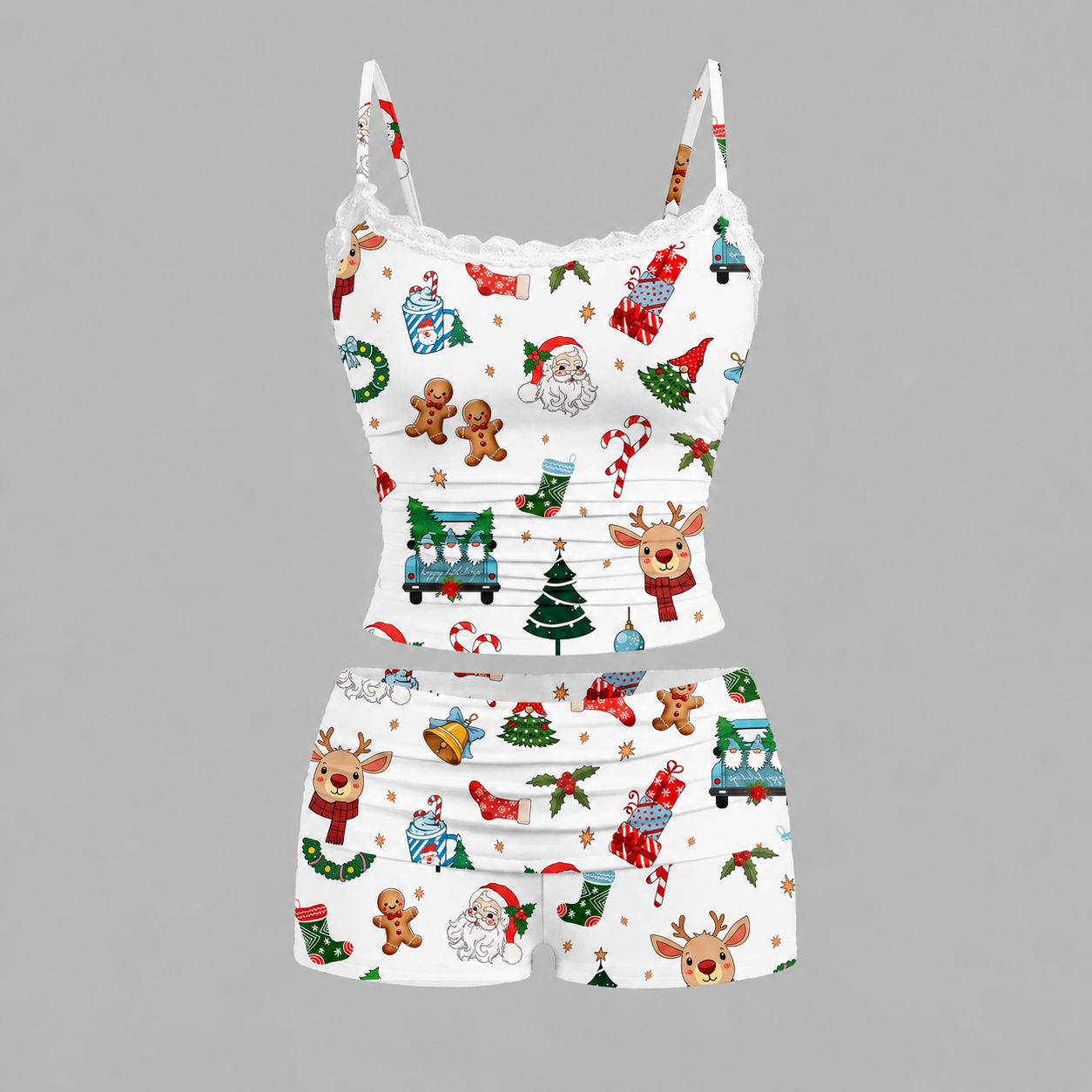 Christmas Reindeer Print Lace Trim Camisole And Shorts Two Piece Set For Women