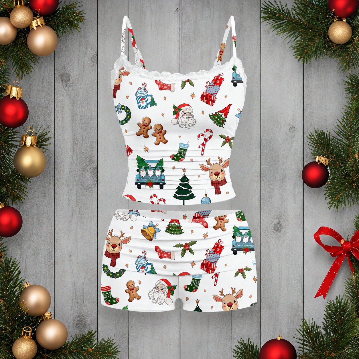 Christmas Reindeer Print Lace Trim Camisole And Shorts Two Piece Set For Women