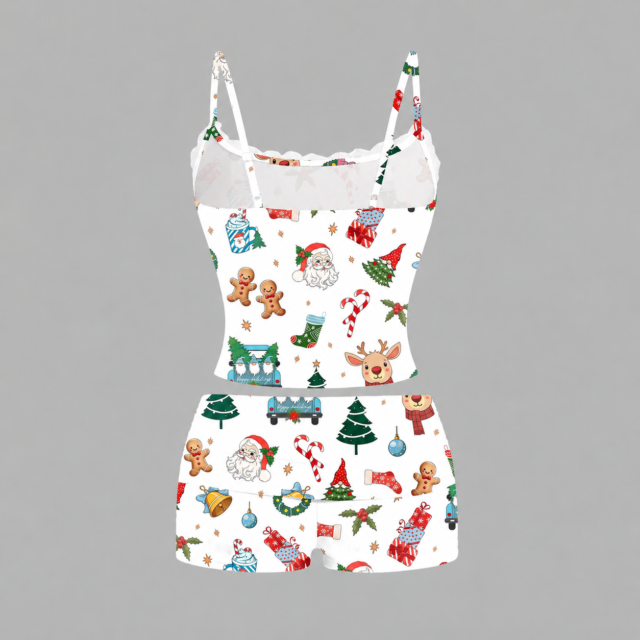Christmas Reindeer Print Lace Trim Camisole And Shorts Two Piece Set For Women
