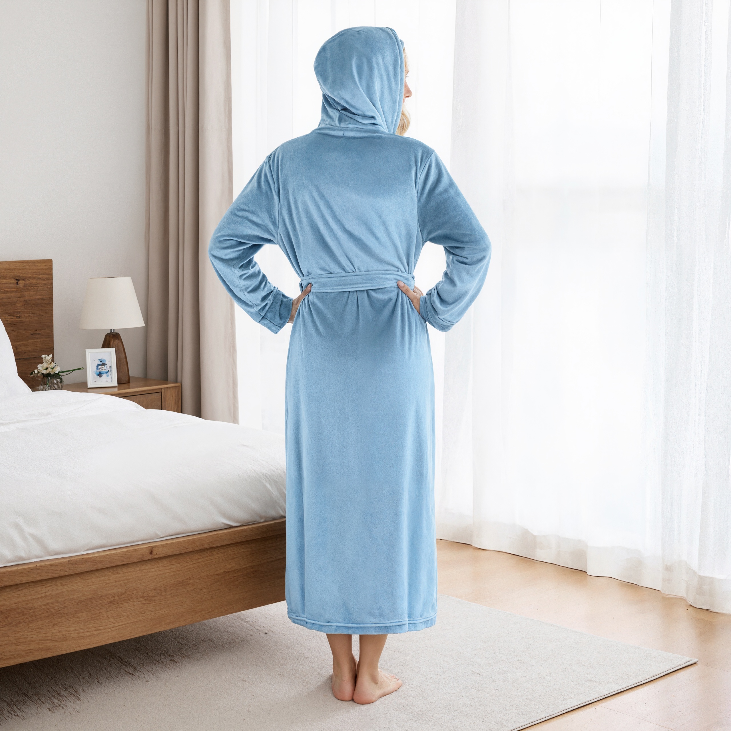 Hooded Plush Fleece Long Bath Robe With Belt And Pockets For Women