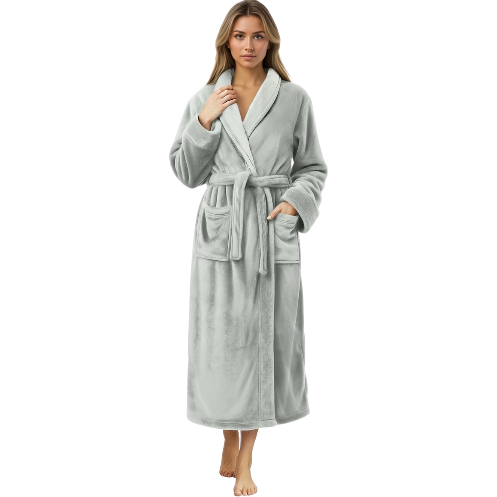 Plush Fleece Long Bath Robe With Shawl Collar And Belt For Women