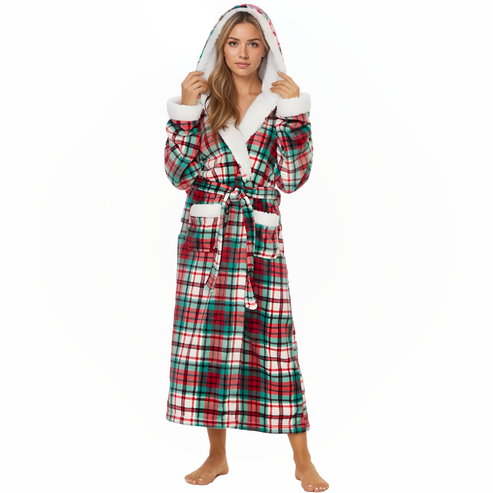 Soft Fleece Hooded Long Bathrobe For Women Home Lounge