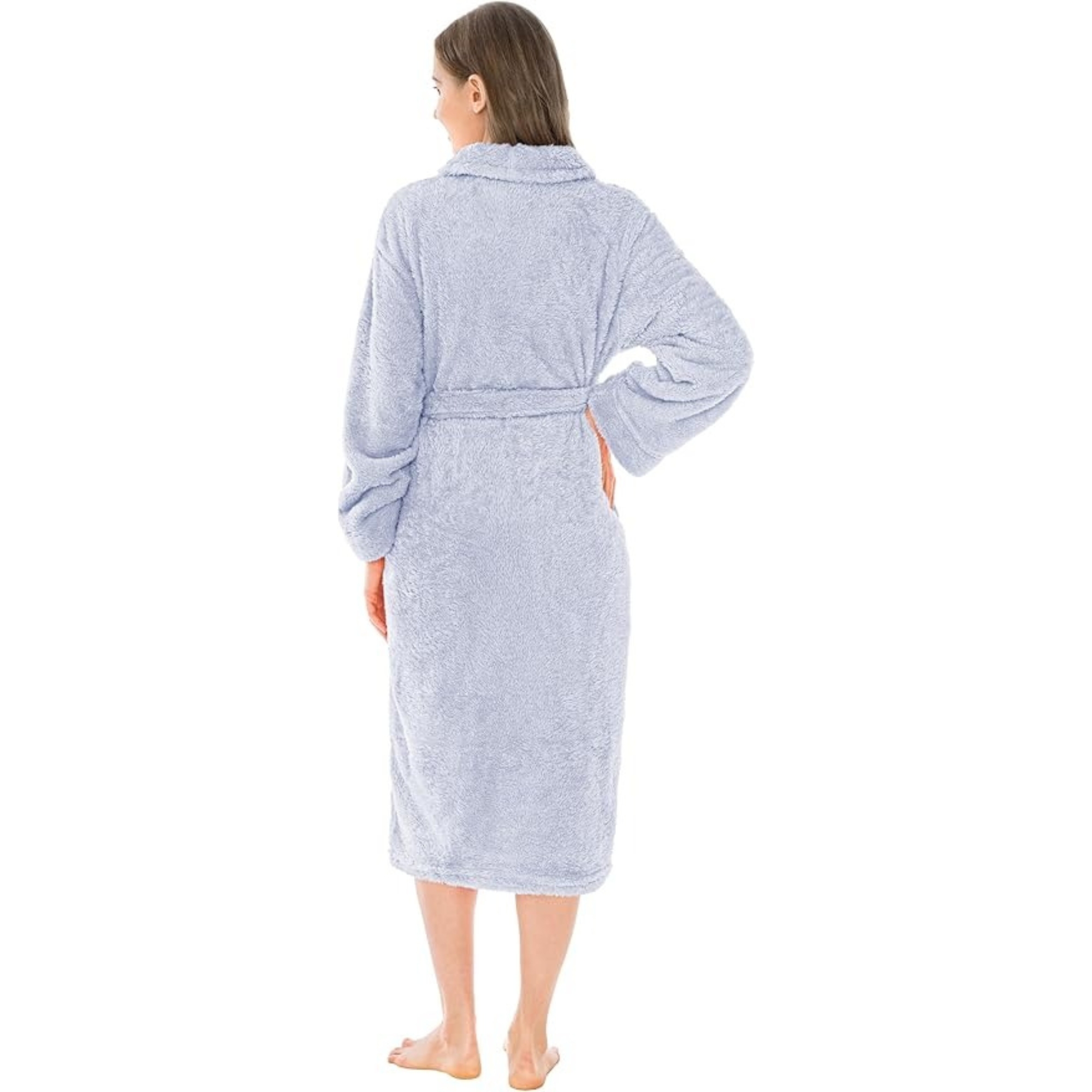 Plush Fleece Sherpa Style Long Bath Robe With Side Pockets For Women